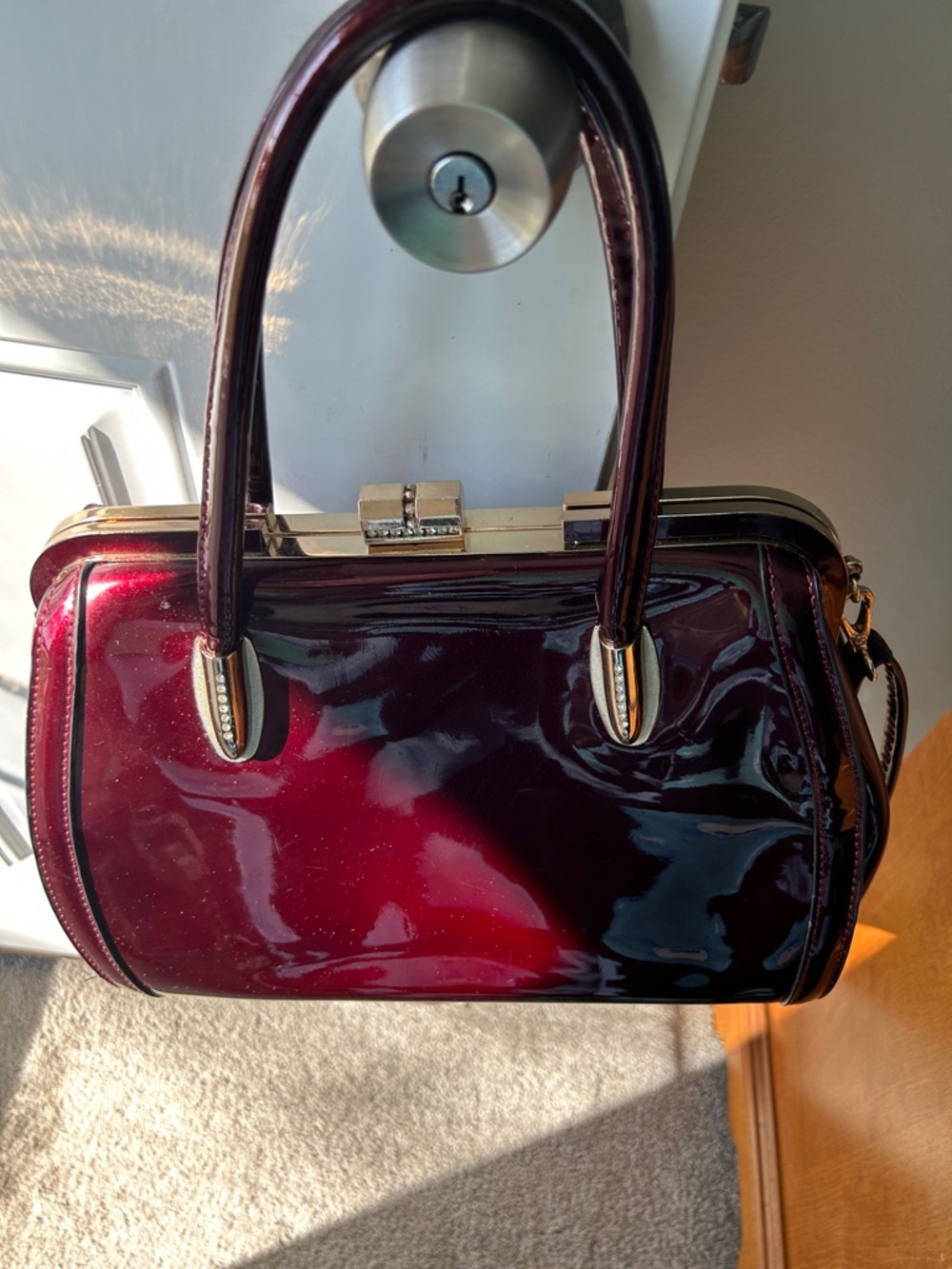 Patent Leather Structured Satchel Handbag - Deep Burgundy
